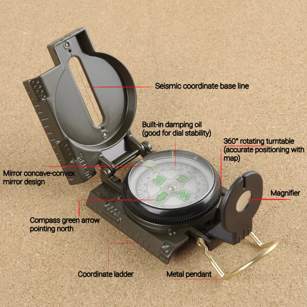 Outdoor Adventure Guide - 携帯用多機能レンズ式コンパス（蓄光機能付き）、ハイキング、キャンプ、アウトドアアドベンチャー用のサバイバルナビゲーションツール