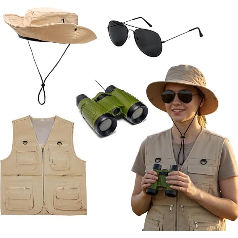 Zoo Outdoor Adventure Set - サファリコスチューム メンズセット、動物園職員風、大人用、アウトドアアドベンチャー、4点セット（帽子、ベスト、アクセサリー）、ハロウィーンコスチューム、レディース用。