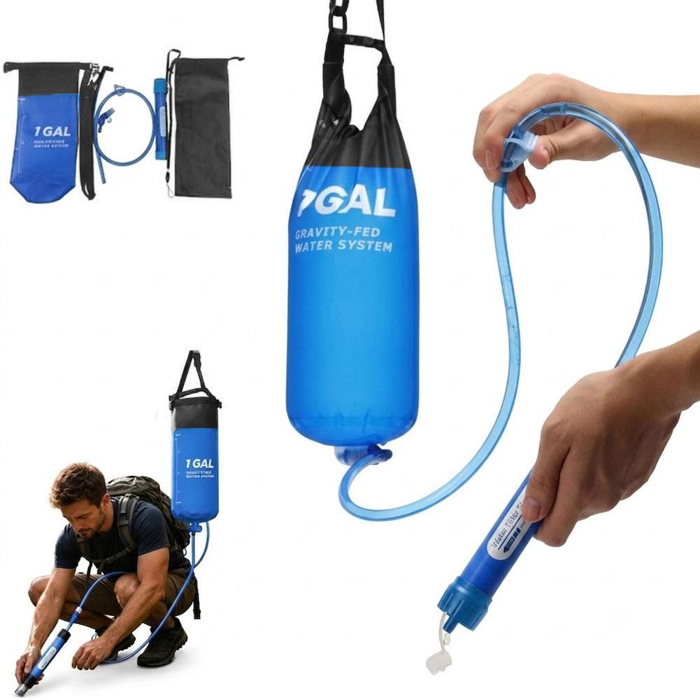 Water Filter Straw - キャンプ用重力式ウォーターバッグ（浄水フィルターとホース付き）、折りたたみ式浄水ストロー、ウォーターバッグ、フィルタリングバケットバッグ、サバイバルギア
