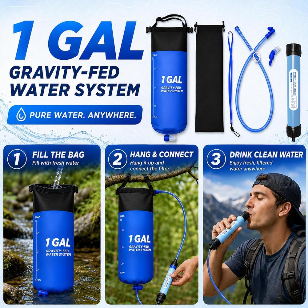 1ガロン対応の重力式浄水フィルターバッグ、ストロー、キャンプ - Water Filter Straw のレビューと価格
