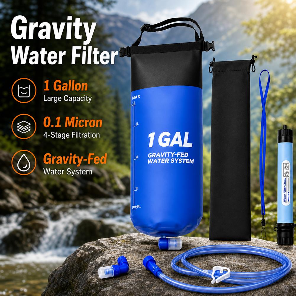 キャンプ用重力式ウォーターバッグ（浄水フィルターとホース付き - Water Filter Straw のレビューと価格