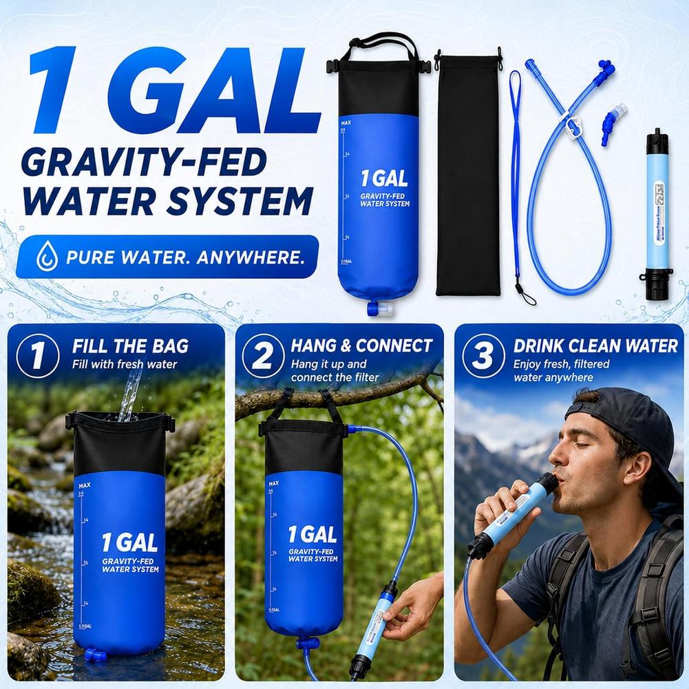 キャンプ用重力式ウォーターバッグ（浄水フィルターとホース付き - Water Filter Straw のレビューと価格